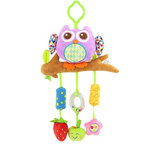 D-KINGCHY Baby Car Seat Stroller Toys Hanging Animal Plush Ring Soft Rattle Toys Newborn Crib Bed Around Toy with Wind Bell, Rattle Sound, Handle for 0-3 Years Old (Purple Owl)