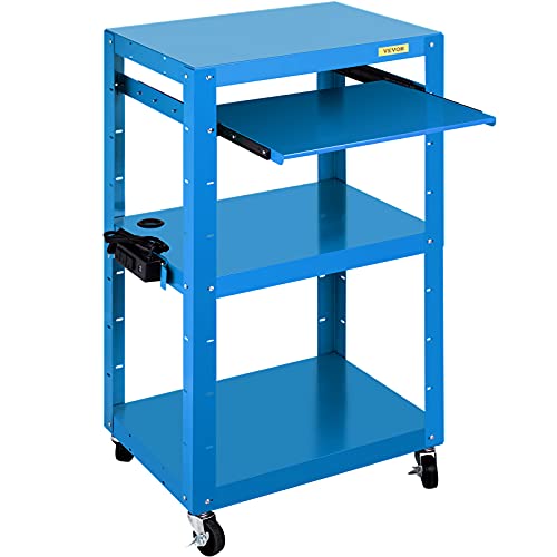 VEVOR Steel AV Cart, 27-41″ Height Adjustable Media Cart with 19″ x 14″ Retracting Keyboard Tray, 24″ x 18″ Presentation Cart with 3 Shelves, 150 lbs Weight Capacity Suitable, Blue
