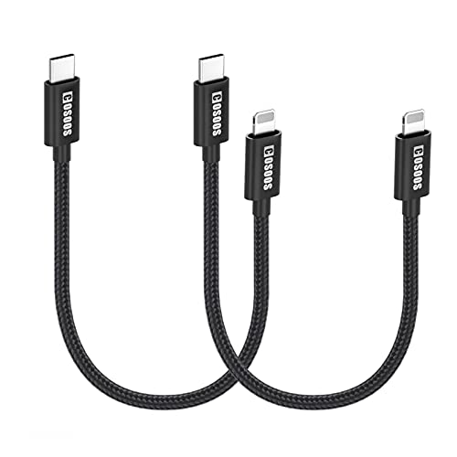 COSOOS 2 Short USB-C to iPhone Cables (10in/26cm) Nylon Braided Fast Charging Syncing Cable, Power Cord Compatible for iPhone 14 Pro Max,14 Plus,14, 13 Pro Max,12,11,XS,X,8, PD USB-C Charger Station