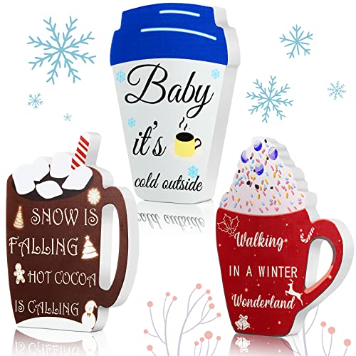 3 Pieces Winter Tabletop Centerpiece Decoration Warm Winter Season Drinks Winter Hot Cocoa Sign Winter Snowflake Wooden Block Signs for Home Office Farmhouse Decorations