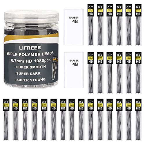 Lifreer 0.7 Lead Refills, 1080 Pcs Smooth Break Resistant HB 0.7 mm Lead Refills For Mechanical Pencils 0.7