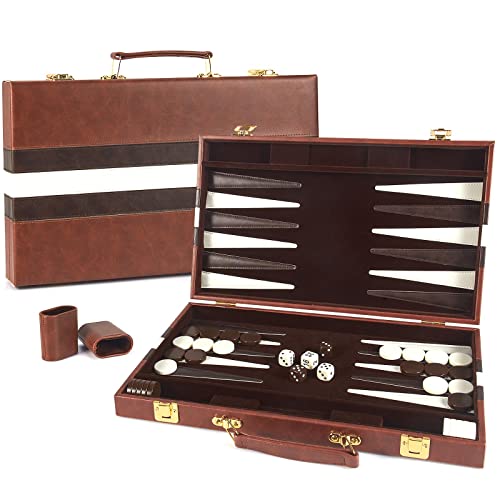 AMEROUS Backgammon Set, 15 Inch Portable Handheld Backgammon Game Set with Leather Case, Folding Board, Gift Package, Classic Travel Strategy Board Game Sets