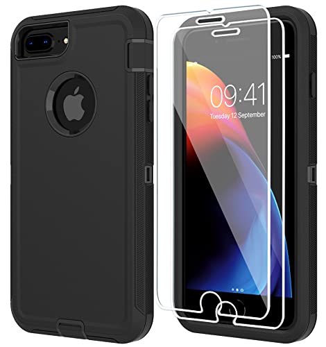 ONOLA Compitable with iPhone 8 Plus Case,iPhone 7 Plus Case + Tempered Glass Screen Protector [2 Packs] Heavy Duty Protection Phone Case for iPhone 8 Plus & 7 Plus (Black, iPhone 8/7 Plus)