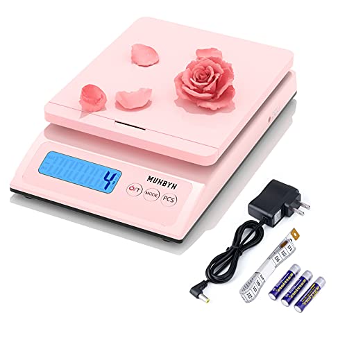 MUNBYN Shipping Scale, Accurate 66lb/0.1oz Postal Scale with Sweet Pink Style, Hold/Tear/PCS Function, Auto-Off, Battery & AC Adapter, Back-Lit LCD Display, Digital Scale for Packages