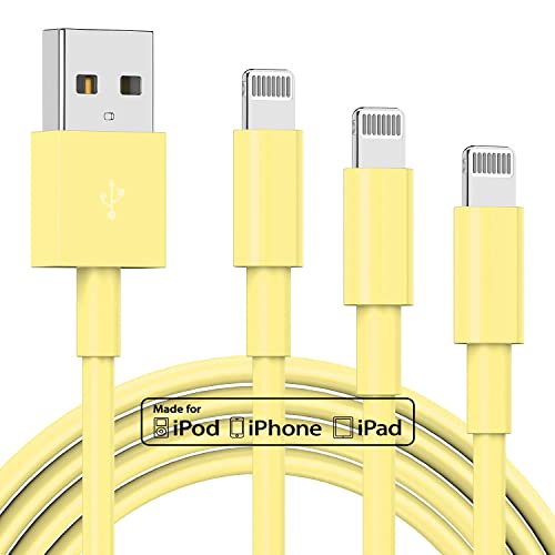 3 Pack Apple MFi Certified iPhone Charger Cable, Apple Lightning to USB Cable Cord, 2.4A Fast Charging Apple Phone Long Chargers for iPhone 12/11/11Pro/11Max/ X/XS/XR/XS Max/8/7/6/5S/SE (6ft, Yellow)
