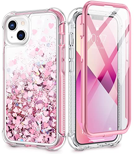 Caka Case Compatible for iPhone 13 Glitter Case, iPhone 14 Case for Women Girls with Built-in Screen Protector Bling Sparkle Liquid Full Body Protective Case for iPhone 13 14 6.1 inch – Rose Gold