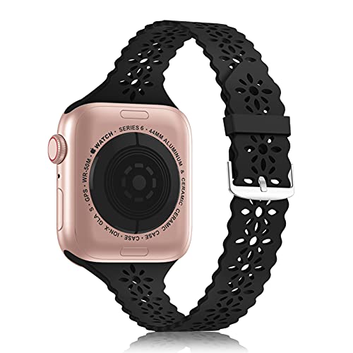 YAXIN Lace Silicone Band Compatible with Apple Watch Band 38mm 40mm 42mm 44mm 41mm 45mm 49mm,Women Slim Hollow-out iWatch Sport Wristband with Classic Clasp for iWatch Ultra Series 8 SE 7 6 5 4 3 2 1