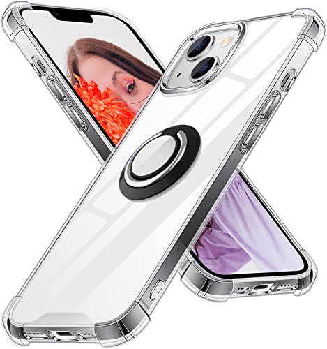 DAUPIN Ring Holder Series Case Designed for iPhone 13 6.1 Inch, Clear Cute Slim Colorful Bumper Protector Phone Stand Cover Support Magnetic Car Phone Mount (Clear)