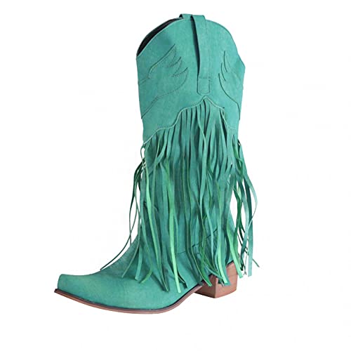 NOLDARES Cowgirl Boots Women Tassel Womens Suede Ankle Boots Winter Vintage Fringe Pull-on Mid-Calf Flat Western Lady Boots, Green, 9.5-10