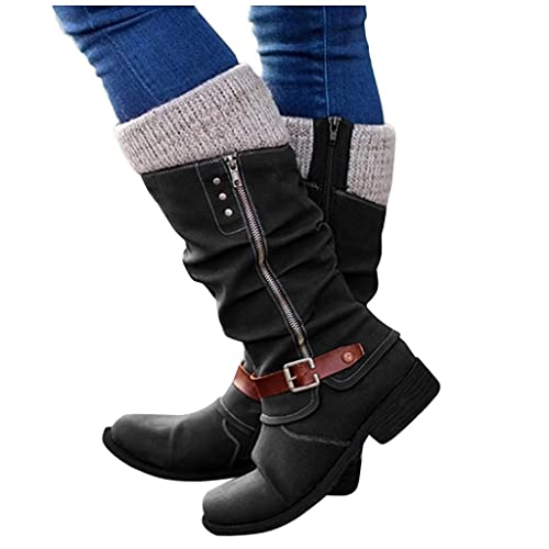 NOLDARES Cowboy Boots Chunky Block Heel Square Toe Vintage Buckle Snow Boots Knee High Western Knight Retro Platform Boots Z12 Black 7 | The Storepaperoomates Retail Market - Fast Affordable Shopping