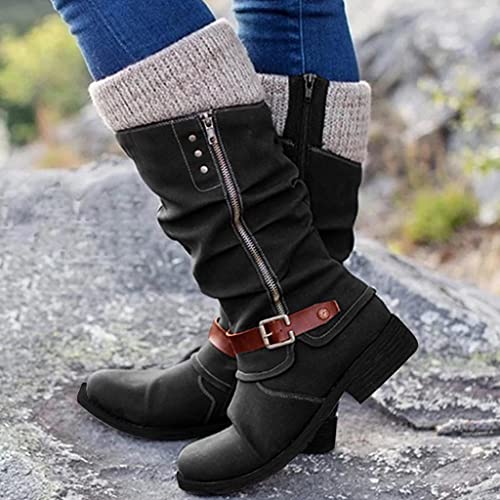 NOLDARES Cowboy Boots Chunky Block Heel Square Toe Vintage Buckle Snow Boots Knee High Western Knight Retro Platform Boots Z12 Black 7 | The Storepaperoomates Retail Market - Fast Affordable Shopping