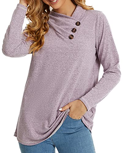WEIYAN Women’s Cowl Neck Tunic Long Sleeve Pullover Shirt Casual Sweatshirt Loose Tops with Buttons(Pink,Small)