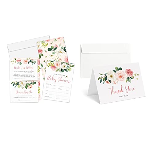 Floral Baby Shower Bundle: Invitations and Thank You Cards with Envelopes, Diaper Raffle Tickets and Book Request Cards