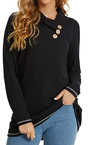 WEIYAN Women’s Cowl Neck Tunic Long Sleeve Pullover Shirt Casual Sweatshirt Loose Tops with Buttons(Black,Large)