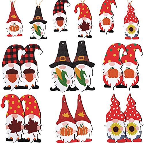 Thanksgiving Gnome Wood Ornaments Gnome Hanging Ornaments Wooden Gnome Tag Fall Thanksgiving Gnome Holiday Decoration with Rope for Thanksgiving Fall Home Party DIY Craft, 6 Styles (12)