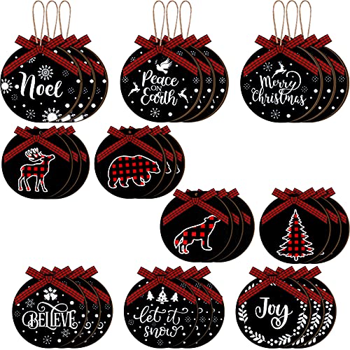 30 Christmas Wooden Hanging Ornament Set 10 Styles Black Buffalo Plaid Pendant with Bell and Bow Round Wood Sign Colorful Wreath Classic Christmas Decorations with Rope for Xmas Holiday Wedding Party