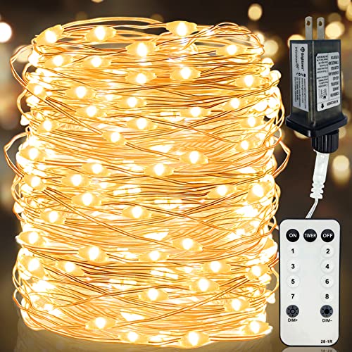 [ Timer & 8 Modes ] 300 LED 99 Ft Christmas Fairy Lights with Remote Plug in Copper Wire Christmas String Lights Decorations Fairy Lights for Bedroom Indoor Outdoor Home Xmas Tree Party, Warm White