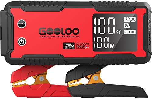 GOOLOO GT3000 Jump Starter 3000A 100W 2-Way Fast Charging, SuperSafe 12V Lithium Portable Car Battery Booster Pack, IP65 Power Bank Charger Box with Jumper Cables for 8L Diesel and 10L Gas Engines