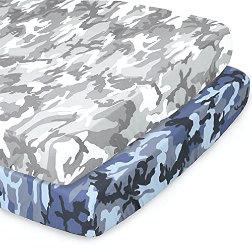 The Peanutshell Fitted Pack n Play, Playard, Mini Crib Sheets for Baby Boys | 2 Pack Set | Blue & Grey Camo