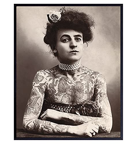 Vintage Circus Photos Wall Art & Decor – Funny Tattoo Woman – Tattoo Studio Decorations Poster Picture Prints – Tattoo Shop Decor – Inked Tattooed Lady Chic – Man Cave – Biker Bar – Garage