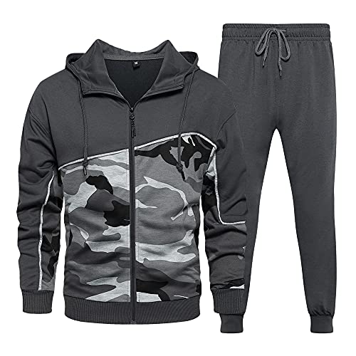Men’s Athletic Running Tracksuit Set Camo Casual Full Zip Jogging Sweat Suit Gray L