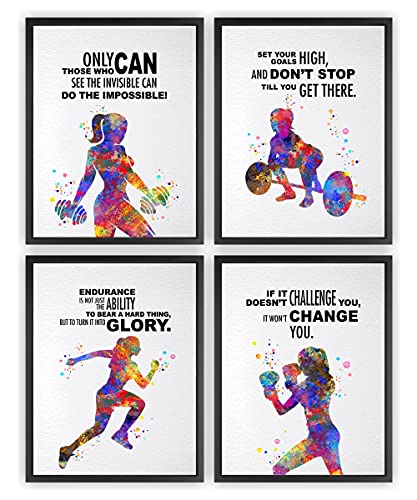 Dignovel Studios 8X10 Set of 4 Unframed Intensive Workout Training Exercise Running Boxing Weight Lifting Watercolor Art Woman Gym Inspirational Quotes Motivational Wall Decor DN638
