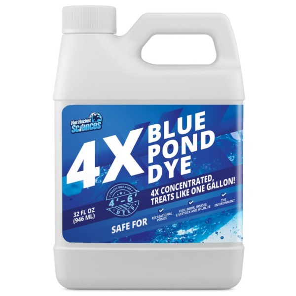 4X Blue Pond Dye – Transforms Murky Brown Water to Natural Blue Color – Super Concentrated Lake and Pond Dye – Liquid Pond Shade Treats Up to 1 Acre – Safe for Fish and Wildlife (32 oz)