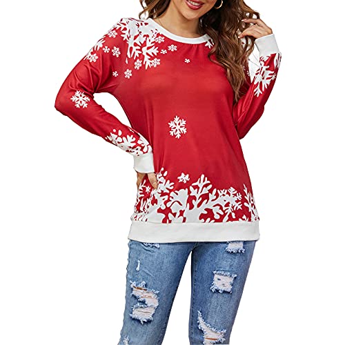 Christmas Women Sweatshirt Snowflake Graphics Casual Long Sleeve Pocket Pullover Top (Red, Small)