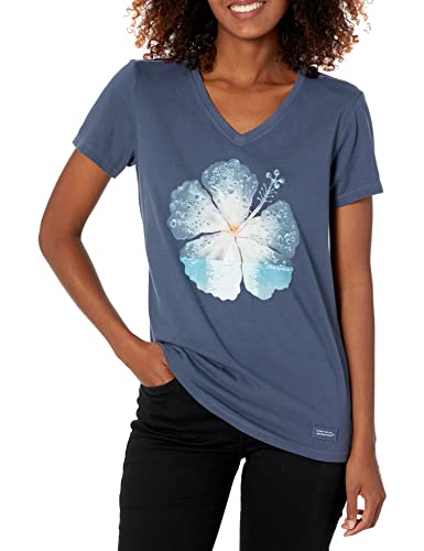 Life is Good Women’s Crusher Graphic V-Neck T-Shirt Hibiscus Sail Flower, Darkest Blue, Large