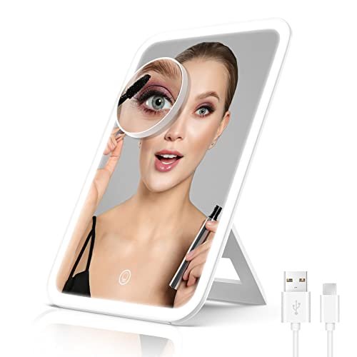 wobsion Rechargeable Travel Makeup Mirror, Lighted Portable Mirror, 360°Rotation Led Cosmetic Mirror, Touch Screen Vanity Mirror with Light,Dimmable Tabletop Mirror,Detachable 10x Magnifying Mirror