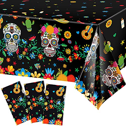 3 Pieces Day of The Dead Plastic Tablecloth Dia De Los Muertos Sugar Skull Floral Table Cloth Disposable Rectangle Table Cover for Halloween Mexican Fiesta Birthday Coco Party Supplies, 54 x 108 Inch