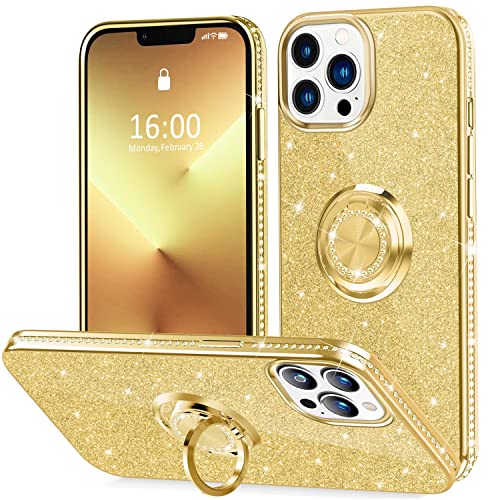 Thomo Compatible with iPhone 13 Pro Max Case,[Bling Kickstand] Cute Glitter Slim Bumper Diamond Cover Ring Holder Full-Body Protective Phone Case for iPhone 13 Pro Max Women Girls -Gold