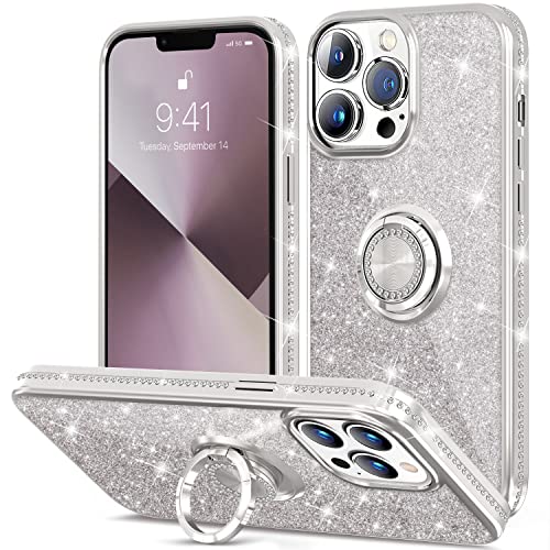 Thomo Compatible with iPhone 13 Pro Case,[Bling Kickstand] Cute Glitter Slim Bumper Diamond Cover Ring Holder Full-Body Protective Phone Case for iPhone 13 Pro Women Girls-Silver