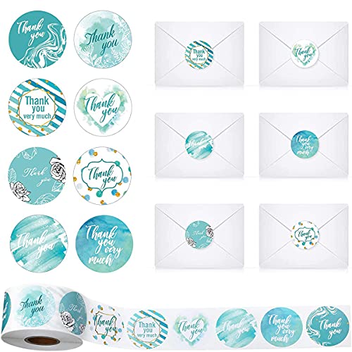 MORI ELVES 500PCS 1.5 Inch Thank You Stickers Roll, Blue Fresh Pattern Round Self-Adhesive Labels for Party Decoration Tags Baking Packaging, Envelope Seals, Small Business, Gift Wrap Bag