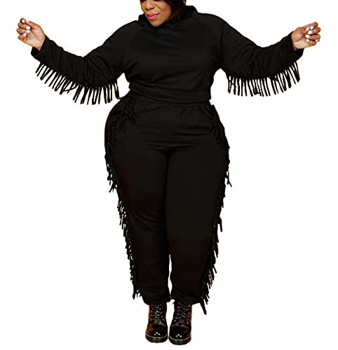 Aro Lora Womens Plus Size 2 Piece Outfit Casual Tassels Pullover Hoodies and Long Pant Tracksuit Set 3X-Large Black