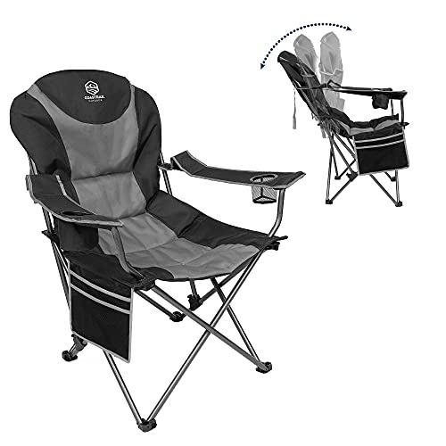 Coastrail Outdoor Reclining Camping Chair 3 Position Folding Lawn Chair for Adults Padded Comfort Camp Chair with Cup Holders, Head Bag and Side Pockets, Supports 350lbs, Black&Grey