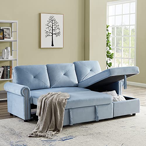 Merax 83.46” Reversible Pull Out Sleeper Sectional Storage Sofa Bed, 3-Seater L-Shape Convertible Corner Sofa Bed with Storage Chaise for Living Room Furniture Set (Blue)