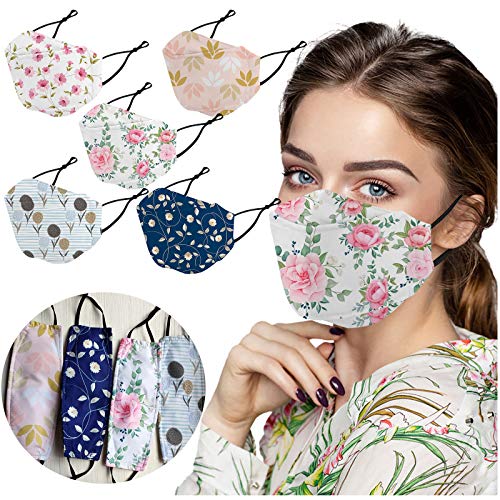 Wtosuhe 5PC Reusable Women Floral Face_Masks with Nose Wire, 4-Ply Washable_Masks with Filter Pocket Adjustable Ear Loops for Glasses Wearers Winter Outdoor