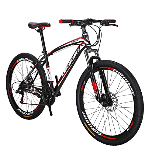 EUROBIKE XLTL-X1 Mountain Bike 21 Speed 27.5 Inches Disc Brake Suspension Fork Adult Bicycle (Black red)