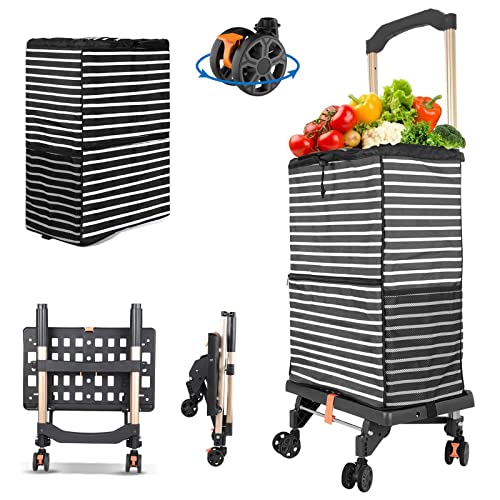 Folding Hand Truck Portable Dolly Utility Cart Rolling Crate with 4 Rotate Wheels 80KG/176Lbs Heavy Duty Handcart Removable Bag Telescoping Handle for Moving Shopping Grocery Office Use(Black&White)