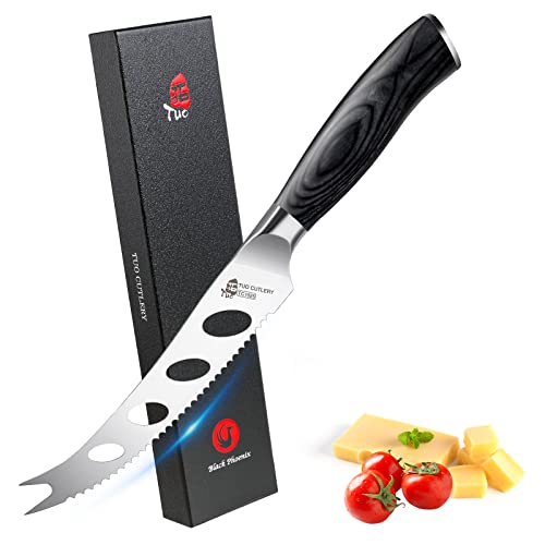 TUO Tomato Knife – Cheese Knife 5 inch Cheese Slicer Fruit Veggie Slicing Knife Serrated Edge, German Stainless Steel Blade Ergonomic Full Tang Handle Gift Box Cutlery, Fiery Phoenix Series – Black