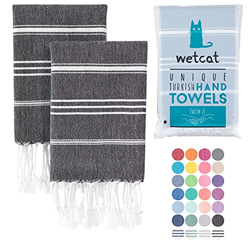 WETCAT Turkish Hand Towels with Hanging Loop (20 x 30) – Set of 2, 100% Cotton, Soft – Prewashed Boho Farmhouse Kitchen Towels – Unique Black Hand Towels for Bathroom Decor
