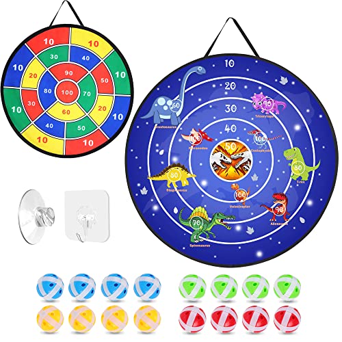Dart Board for Kids Double Sided with 16 Sticky Balls 2 Hooks, Party Games Stocking Stuffers Dinosaur Target Toys for 3 4 5 6 7 8 9 10 11 12 Year Old Boys and Girls