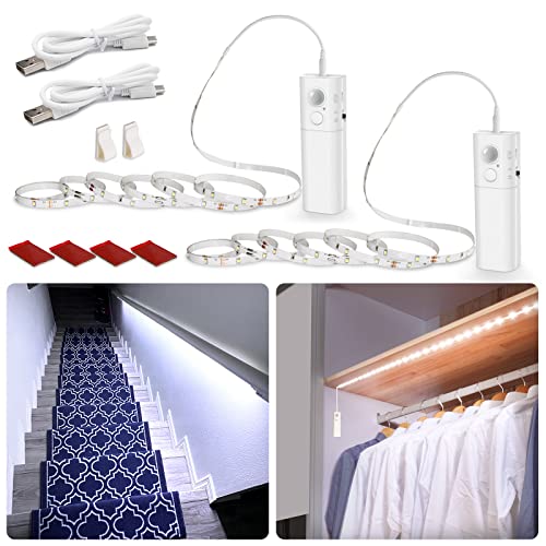 WOBANE Motion Sensor Closet Lights, Rechargeable Magnetic Battery Box with 6.56ft LED Strip, 2 Pack LED Night Lights,60 LEDs Homelife Bar for Wardrobe,Stair,Pantry,Counter,Cabinet,Bed,6000K White