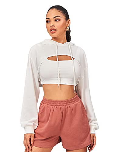 SheIn Women’s Long Sleeve Drawstring Super Crop Top Hoodie Drop Shoulder Ultra Cropped Pullover Top Multicoloured X-Large