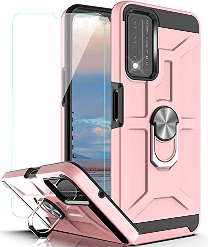 YmhxcY for TCL ReVVL V+ 5G Case,T Mobile Revvl V Plus 5G Case with HD Screen Protector,360 Degree Rotating Ring Kickstand Holder Dual Layers of Shockproof Case Revvl V+ 5G 6.82″-ZS Rose Gold