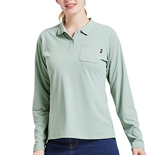 MIER Women’s Long Sleeve Golf Polo Shirt Dry Fit Collared Hiking T Shirts with Pocket Pique Polo Work Casual Top, Graphite Green, M