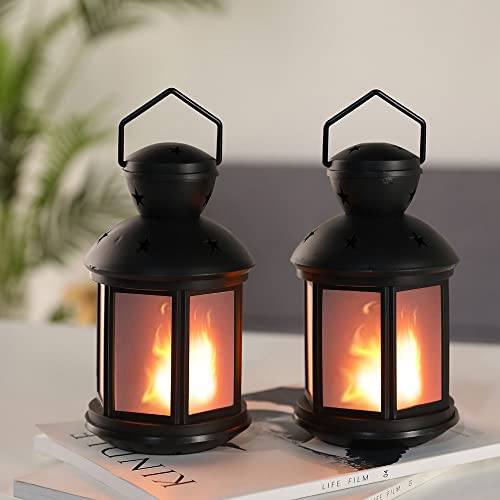 JHY DESIGN Set of 2 Vintage Style Decorative Lantern 8”High Plastic Battery Powered Glass Lights for Balcony Garden Hallway Indoor Outdoor