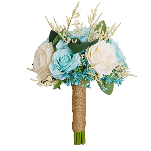 FEILUOYI Bridal Bouquet Bridesmaid Bouquet White and Elegant Blue Rose Tossing Bouquet for Wedding Ceremony, Church Home Decoration, Gift.