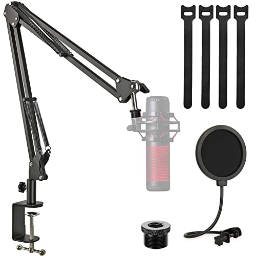 QuadCast Mic Boom Arm Stand with Pop Filter, Adjustable Microphone Boom Arm with Upgrade Desk Table Mount Clamp for HyperX QuadCast, QuadCast S-RGB USB Condenser Microphone by Rigych
